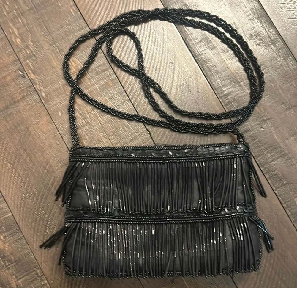 Vintage Black Beaded Fringe Evening Crossbody Bag